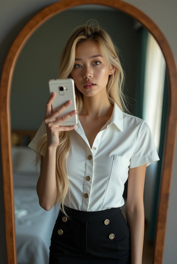Half Thai and Japanese girl 18 year old , Nisit outfit , white short sleeve slim fit shirt , big silver buttons , ฺฺBlack Stretch Spandex Bodycon Mini Pencil Skirt Slim Tube Tight Hip Mini Skirt , hyper realistic , Long blonde hair blue eye , focus on face , medium shot , self-portrait of a young woman photographing herself in a mirror. She is holding a  smartphone, partially obscuring her face. The image captures both the subject and her reflection in the mirror, creating an intriguing composition. Her gaze is focused on the  phone screen. The mirror frame is visible, adding depth to the image. The background reflects a cozy, personal space like a bedroom or bathroom. Soft, natural lighting enhances the intimate atmosphere. Style: Contemporary, artistic self-portrait photography.