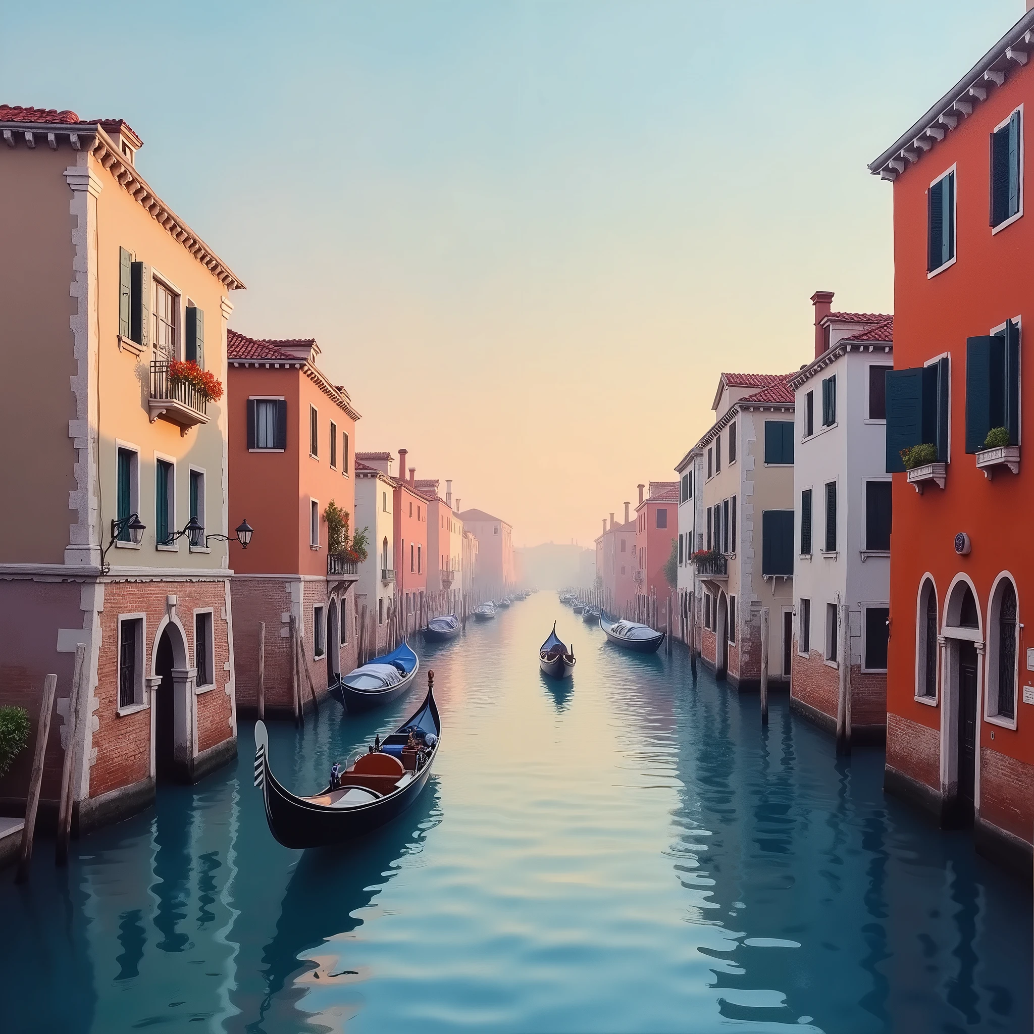 (best quality, 8K, high resolution, masterpiece), ultra detailed, oil painting of a quiet Venetian canal at dawn, with gondolas gently floating on the water, reflecting the soft pastel hues of the early morning sky.