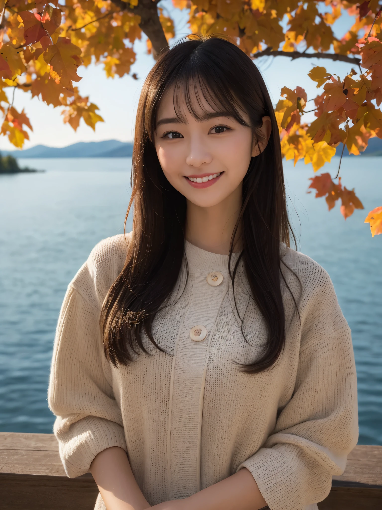 1girl, solo, highres, best_quality, masterpiece, detailed_background, intricate_details, beautiful, hokkaido, lake_toya, nature, autumn, peaceful, smile, looking_at_viewer, dynamic_pose, natural_pose, candid, happy