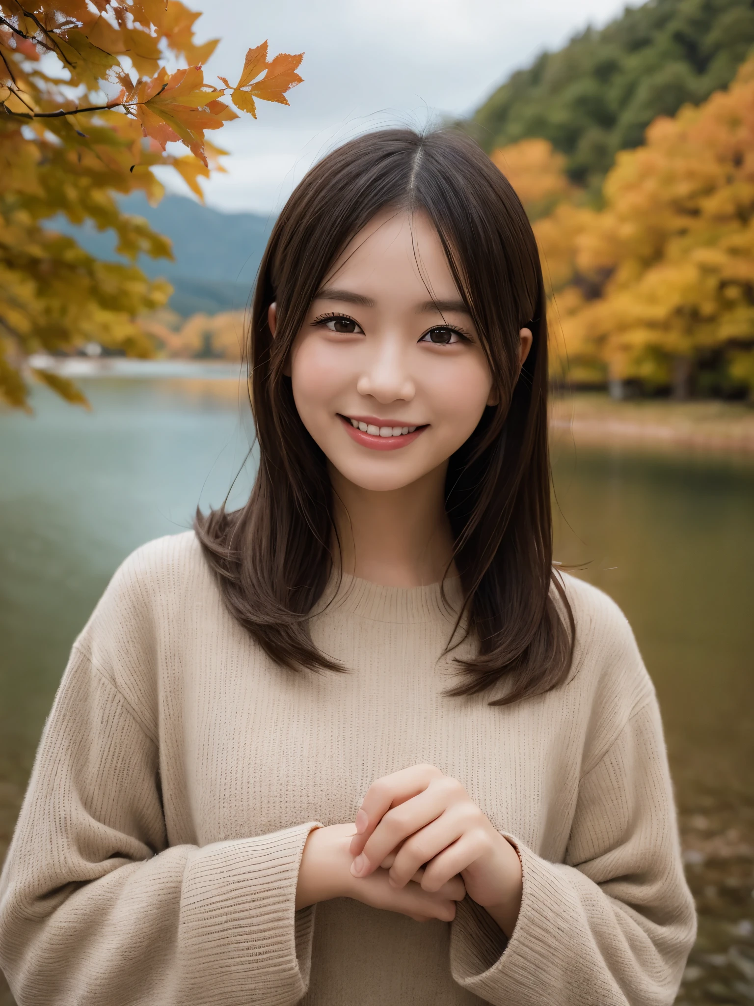 1girl, solo, highres, best_quality, masterpiece, detailed_background, intricate_details, beautiful, hokkaido, lake_toya, nature, autumn, peaceful, smile, looking_at_viewer, dynamic_pose, natural_pose, candid, happy