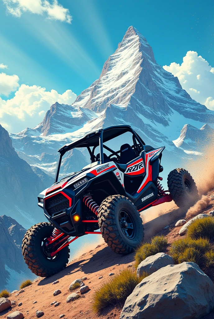 Rzr climbing a mountain manga style logo 
