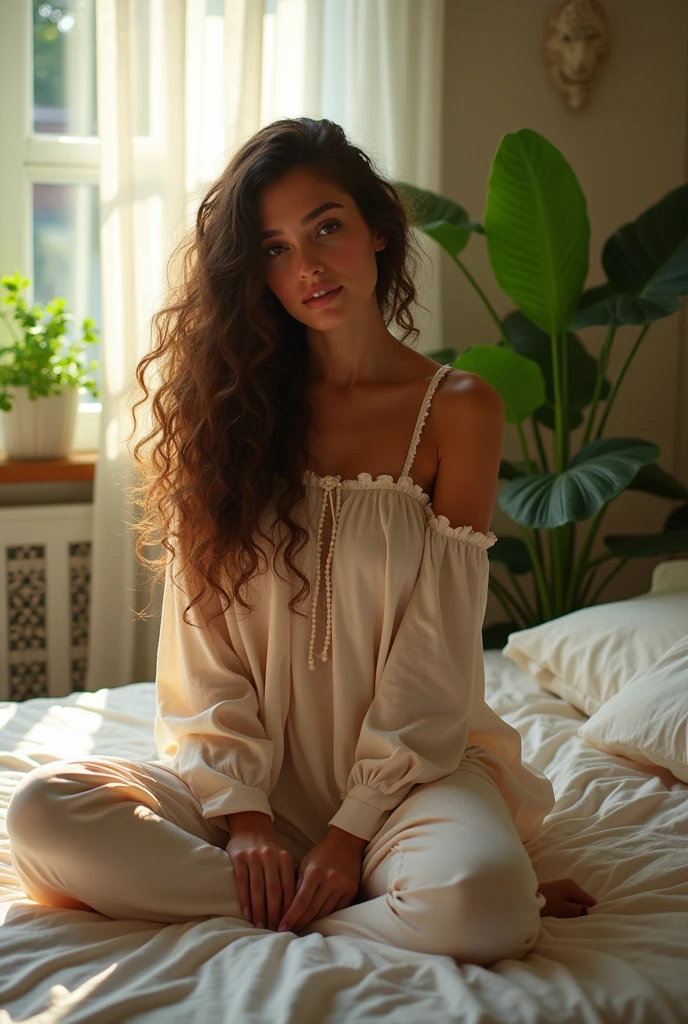 (photorealism:1.2), beautiful woman, sitting on bed, wearing loose off-shoulder top, pajama pants, long curly hair, indoors, soft lighting, plants in background, window with sunlight, cozy room, relaxed pose, realistic, intricate details, warm colors, by Greg Rutkowski, by Alphonse Mucha