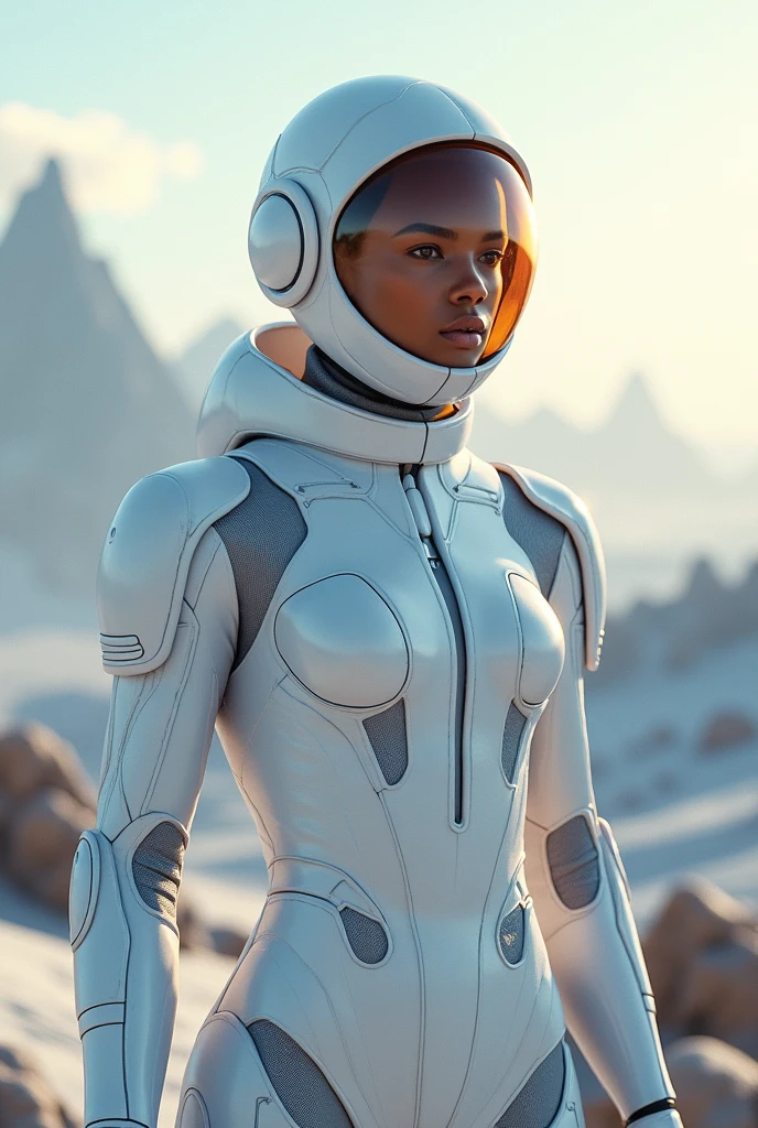 white sci-fi female armor with cybernetic helmet, full armor, insulated armor, spacesuit, bald head, lots of fine detail, sci-fi movie style, outdoor photo, photography, natural light, photorealism, cinematic rendering, ray tracing, the highest quality, the highest detail, Cinematic, Third-Person Vi [...]