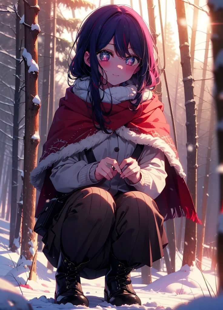 aihoshino, Ai Hoshino, Long Hair, bangs, (Purple eyes:1.1), Purple Hair, (Symbol-shaped pupil:1.5), smile,,smile,blush,white breath,
Open your mouth,snow,Ground bonfire, Outdoor, boots, snowing, From the side, wood, suitcase, Cape, Blurred, , forest, White handbag, nature, Squat, Mouth closed, Cape, winter, Written boundary depth, Black shoes, red Cape break looking at viewer, Upper Body, whole body, break Outdoor, forest, nature, break (masterpiece:1.2), Highest quality, High resolution, unity 8k wallpaper, (shape:0.8), (Beautiful and beautiful eyes:1.6), Highly detailed face, Perfect lighting, Extremely detailed CG, (Perfect hands, Perfect Anatomy),