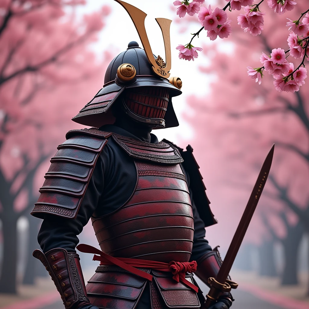 Cherry blossom front line cherry samurai wearing armor near future