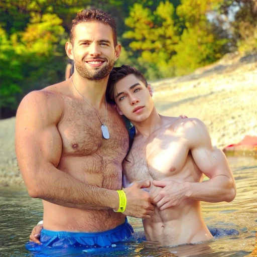 Add another effeminate man without a shirt, Remove the blue swimsuit and have them both be naked., Whole body.