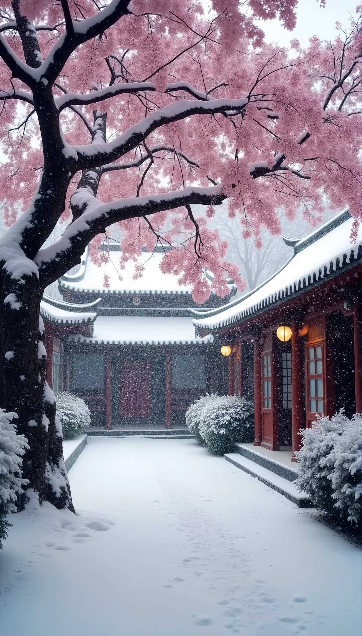 （Blurred foreground：heavy snow：2.0，），（Plum blossom falls：1.6），，），（The middle of an elegant courtyard，Plum tree），（Bellows：1.5），（Wide Angle，Ultra HD细节，masterpiece, Ultra HD, Super Detail, High Detail, best quality, high resolution, Awards, 8K），（Chinese advanced color scheme，Movie Lighting）