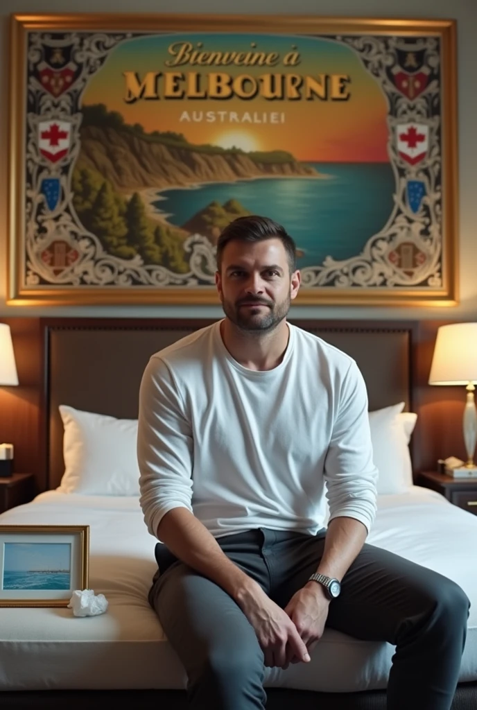 Homme caucasien grand de taille, charmant, un peu costaud, habillé en pantalon et tee-shirt manche longue, assis ou adossé sur une table dans une grande chambre d'hôtel, sur la table qu'il y ait également un papier mouchoir déjà utilisé sur la table et sur le lit de l'hôtel qu'il soit déposer un cadre photo grand ou moyen qu'il est possible de faire arrêter sur le lit et faire face à la caméra et sur le mur du chevet du lit un tableau sur lequel il est écrit en français : BIENVENUE à Melbourne AUSTRALIE et autour de la phrase qu'il y ait les emblèmes du CANADA QUÉBEC ou le drapeau du CANADA QUÉBEC