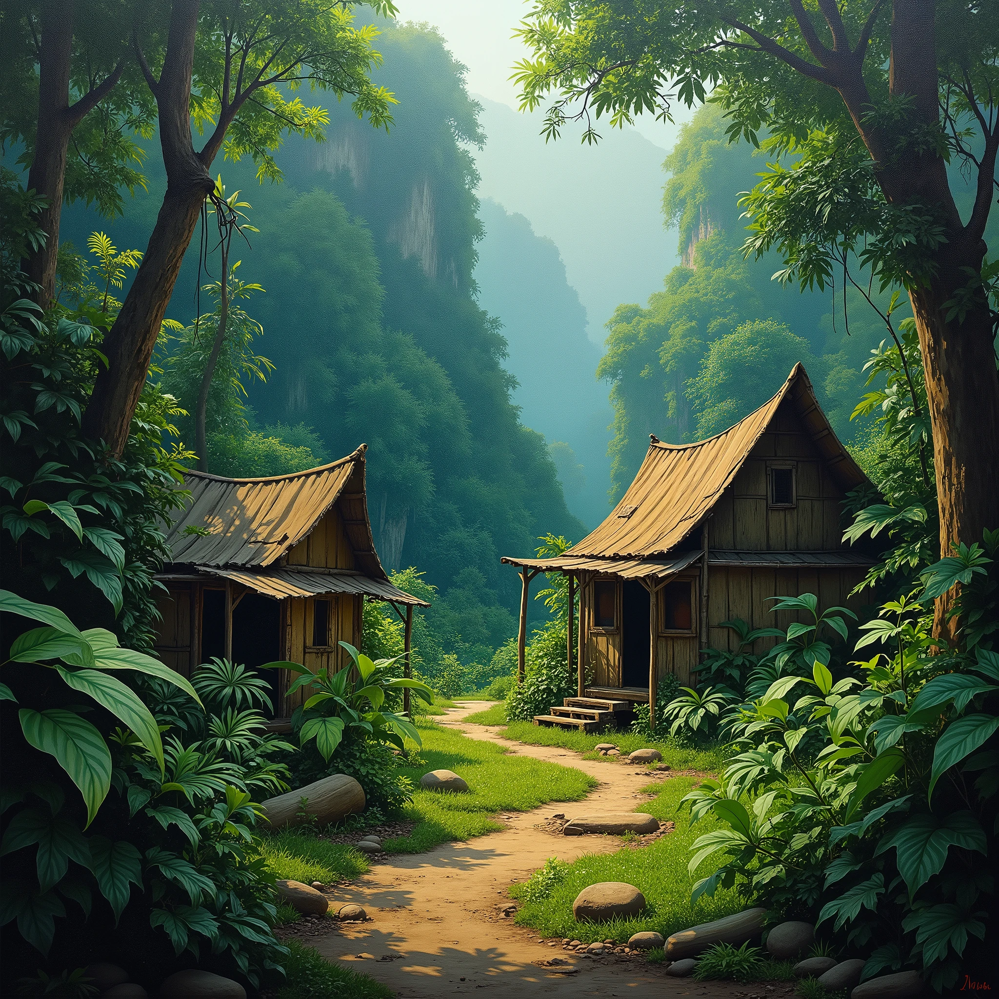 (best quality, 8K, high resolution, masterpiece), ultra detailed, oil painting, a hidden rebel base deep within a dense jungle, with makeshift buildings camouflaged by thick foliage, the scene alive with vibrant greens and shadows.