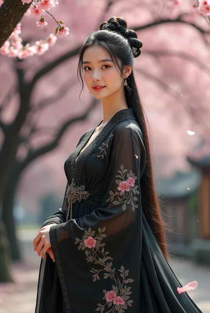 Can you talk a girl who is the wearing a Chinese traditional dress and her dress was beautiful silky and shiny dress with colour is back and white and jewellery who is this Chinese traditional jewellery the colour of jewellery colour
also black and say has a pretty face with beautiful signing eyes and long hair with silky make a heartful body picture can create a full body I mean her bottom body where is her legs can you show her legs