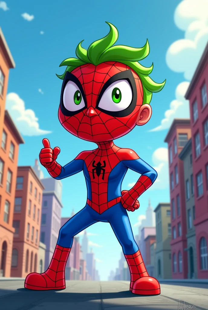 Cosmo from The Fairly OddParents dressed as Spiderman but in 2D animation