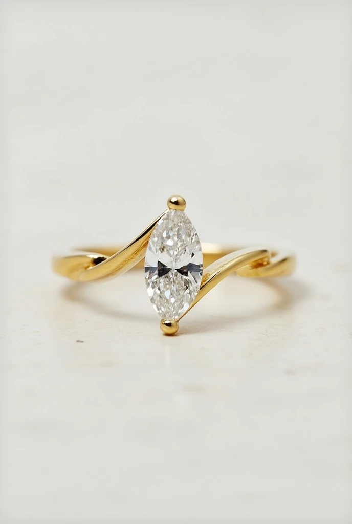 Modern Twist Solitaire
Band: A twisted gold band, symbolizing two lives intertwining.
Center Stone: A single, large marquise or pear-shaped diamond.
Accent: Minimalist design with the twist creating a subtle yet elegant statement.