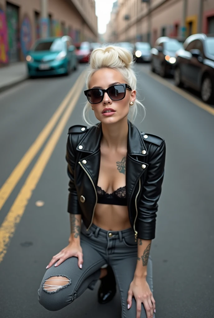 russian milf woman, platinum blonde hair (huge top bun) and sunglasses as headband (big maxi glasses), with very light blue eyes, extremely pale. Wearing cropped black moto jacket, black bra, dark grey jeans and pointy Chelsea boots with cuban heels . Lots of metallic bracelets and collars. Tacky leather belt with oversized buckle. Wide loop earrings. Kneeling in a payer, looking up, chin up, eyes and mouth wide open in amazement. Looking at the camera in amazement, toned abdominals, thin legs and thin arms. tattoed