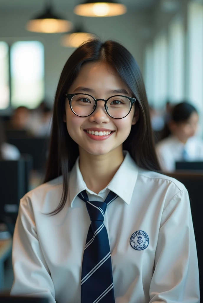 (Masterpiece),(complication:1.3),(Realistic),Portrait of a woman,Small and cute,18 years old,Has a delicate and beautiful Thai face,long black hair,Javelin eyes,Wearing cute glasses,Blue eyes,smiling,be happy,(Wearing a long-sleeved white shirt with a tie(Farbe#1b55ad)Swapping to dark blue but with horizontal stripes, but less blue than light blue(The tie has only two colors, no other colors are mixed, and it has a single waterline.)The college logo is next to the tie label),Wear a short skirt,Wear a blue student ID card strap with the college name on the strap, written as(Khon Kaen Vocational College),Look ahead,Passed through her computer,(In a computer room),warm light,Showing some sunlight,Professional photographer in capturing detailed images of young women,Have clarity,dramatic,Awarded globally,Cinematic lighting,(film grain,Blurred background,Blurred background,bokeh,depth of field)