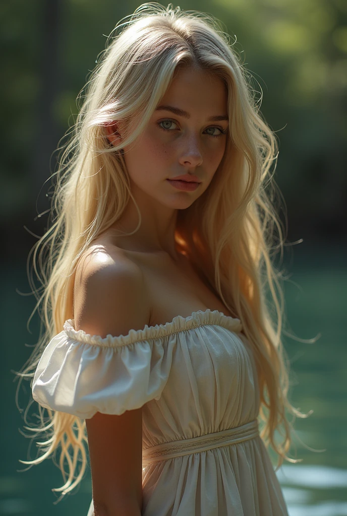 cinematic lighting, Bright dark, ray tracing, Mixing, hyper-realism, hasselblad, 85mm, f/1.8, Photo at eye level, multiple views, First person view, best quality, artwork, anatomically correct, texturized skin, There is a blonde  maid ((12 year old:1.5)), perfect skin, skin with fine pores and velvety, long lace ruffle, (Off-the-shoulder French maid dress, short petticoat: 1. 3), (very long and wavy blonde hair  : 1.2), Waist slender, her outfit emphasizes her Waist slender, fine legs,  ((neckleace. exposed breats:1.6))near the town of Martin in Slovakia there is a natural gravel lake where people go swimming.  I want a young girl on these lakes who asks for sex with her body and poses