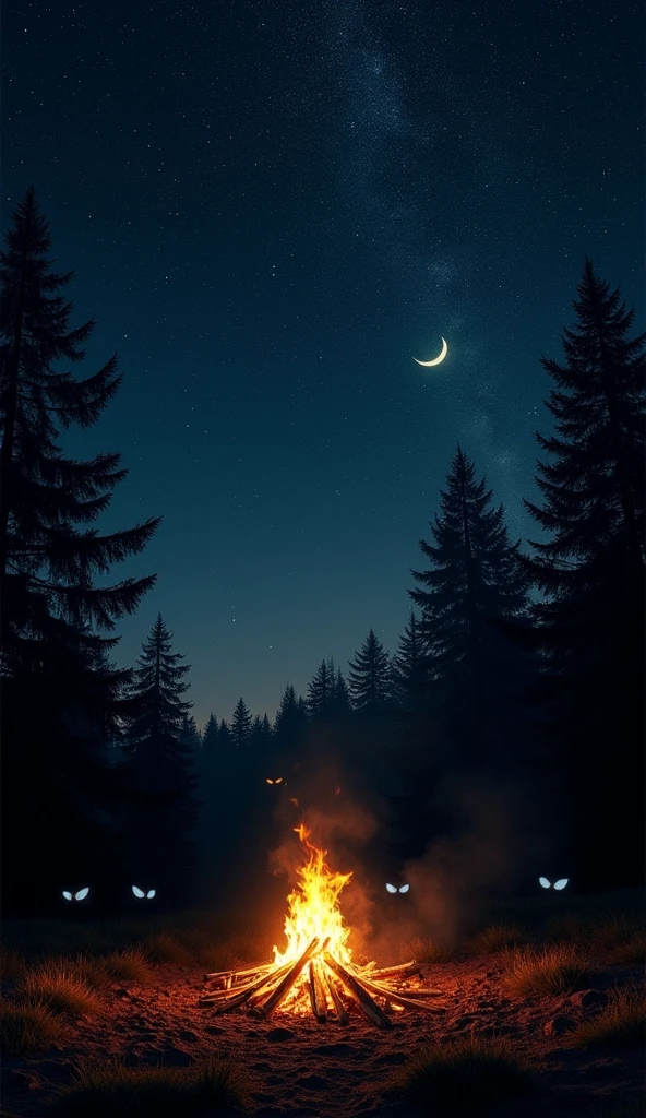 generate a starry sky with the moon in a corner, Below I want a small campfire, and behind that campfire I want some trees, I want you to generate black shadows with shining eyes, Let the darkness be vast, and the firelight be a dying home 