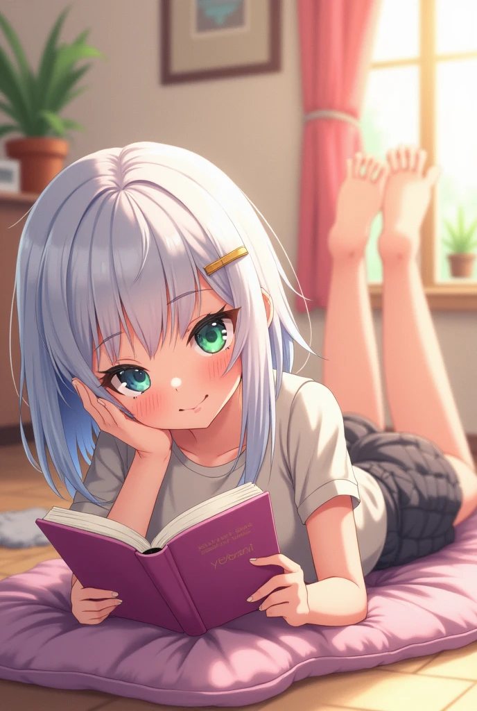 anime style, young adult woman, with one blue eye and one green eye, short white hair.
The woman is lying face up on the floor, with the head resting on a pillow.
Her legs are raised and resting on the wall., creating a right angle with your body.
He is holding a book with both hands, which is reading in a relaxed manner.