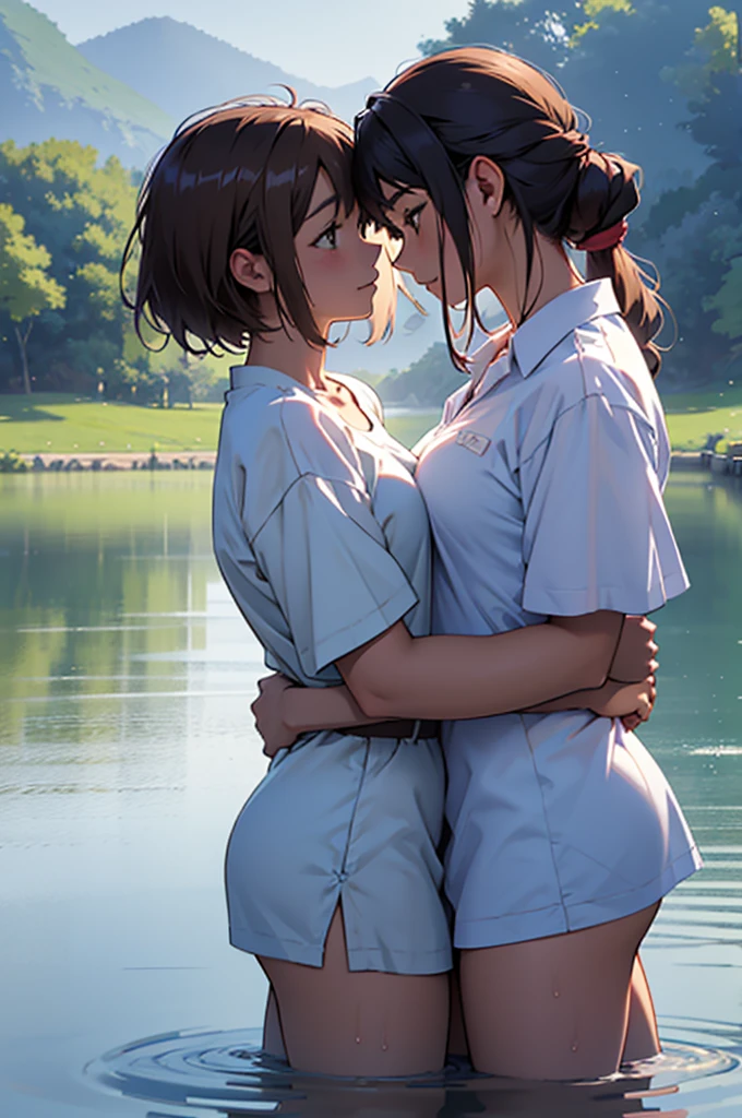 （masterpiece，high quality），2 Girls，yori，Anime Girl，Look at each other，Hug each other，Gentle eyeedium chest，Wet shirt，（Standing in the lake），morning glow：1.2，Side view