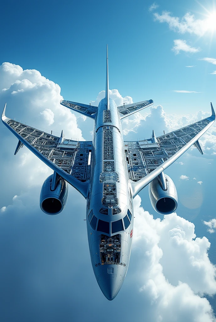 (cover page), real, aircraft or spacecraft,magazine cover, aerospace, creative, gives a feel of being aerospace engineer,classic image, superiority of aerospace industry, , left side of image skeleton , right side of the image external structure, patches of showing internal parts of the aircraft, point of view as 30 degree to front view, sky background