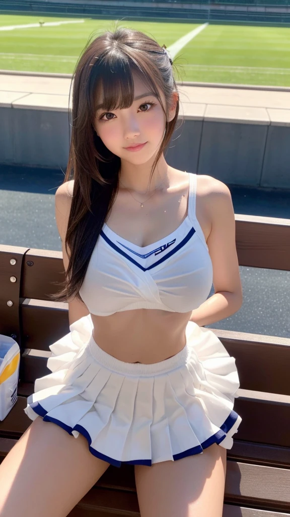 Product quality,1 girl,Cheerleader,Cowboy Shot,Young and cute Japanese,20-year-old,((Stadium bench background:1.2)),A small smile,cheer leading,break,Place the pom-poms,Sit on a bench,Wipe the sweat with a towel,Drink a sports drink,Complete off-shot,Cheerleaderuniform,Ultra Short Short Pleated Mini Skirt,Very cute face,,Glossy Lips,(Beautiful big eyes),Gray Eyes,Double eyelids on both eyes,(Natural Makeup),shiny smooth light brown long hair,,Asymmetrical bangs,Floating Hair NovaFrog Style,Center image,8k resolution,Attention to detail,Detailed hairstyle,Detailed face,Cinema Lighting,Octane Rendering,Ultra-realistic,(Glowing Skin, Sweaty:1.3)Perfect limbs,Beautiful legs,Voluptuous thighs,Huge breasts,(Expresses the roundness and softness of the chest area..........1),Perfect Anatomy, Spread your legs,Skirt flip,Covering the crotch with a pom-pom.,((Bold sexy pose:1.3))