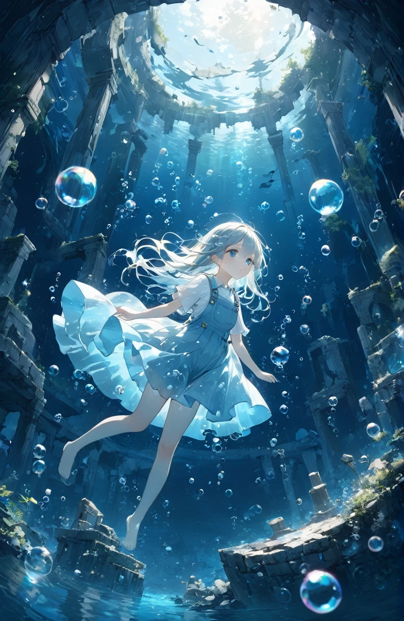 a((Amazingly absurd)),超High resolution, Attention to detail, high quality, High resolution, 最high quality, 4K, 8k,close,cute,((Ethereal and mysterious image)),Sunken Ruins、Girl in the water、surrounded by bubbles、A world of deep blue、Overall, a work in deep blue tones