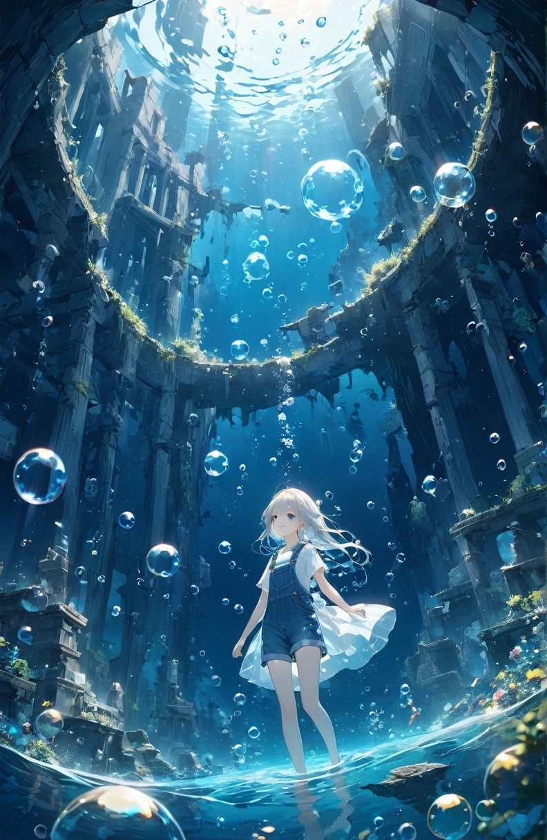 a((Amazingly absurd)),超High resolution, Attention to detail, high quality, High resolution, 最high quality, 4K, 8k,close,cute,((Ethereal and mysterious image)),Sunken Ruins、Girl in the water、surrounded by bubbles、A world of deep blue、Overall, a work in deep blue tones