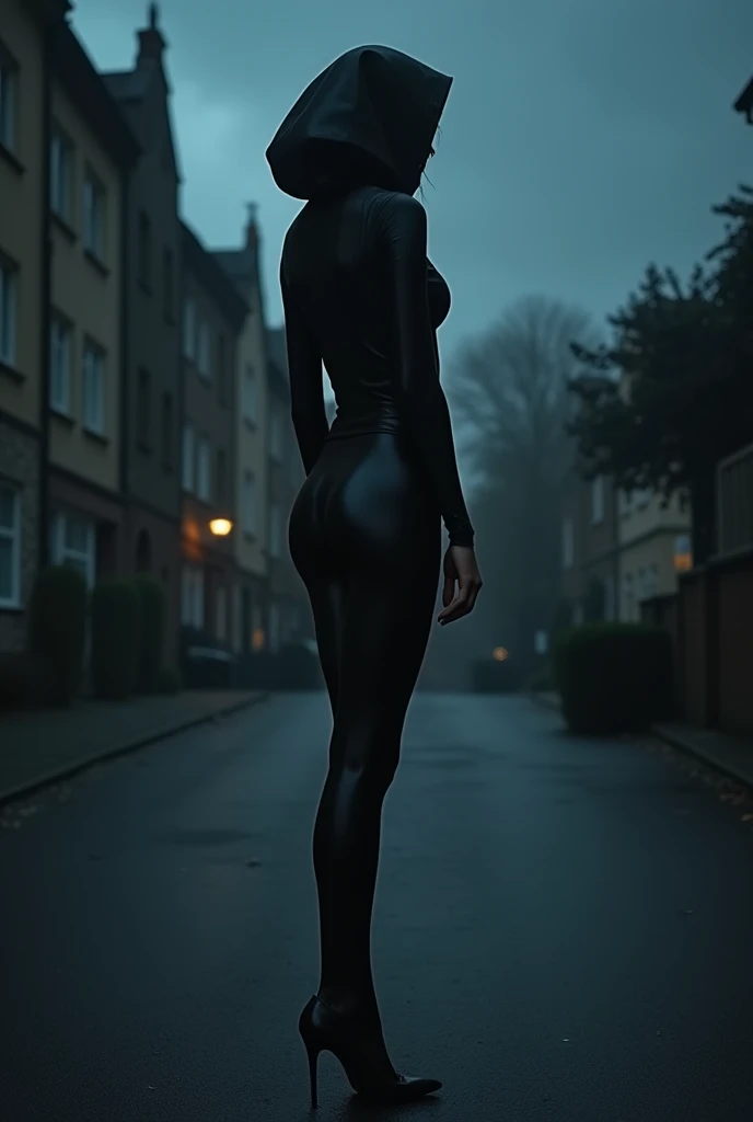 high, Very thin, thin tall narrow girl., in tights all over her body and with a hood. , fatty, highly shiny body on a very dark night, Dim lighting at dusk, dark fantasy,in heels