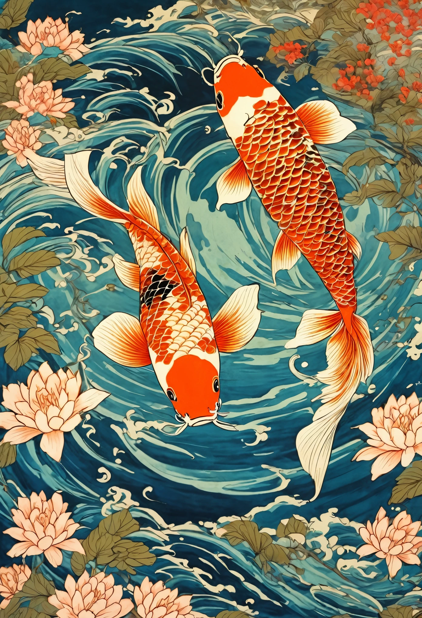 best quality, masterpiece, extremely detailed, ukiyo-e, two koi fish, differently colored, circling each other while swimming, yin-yang pose, inside lake, reflection of crescent moon, vibrant colors, no chinese characters, no stamp, no logo, no signature