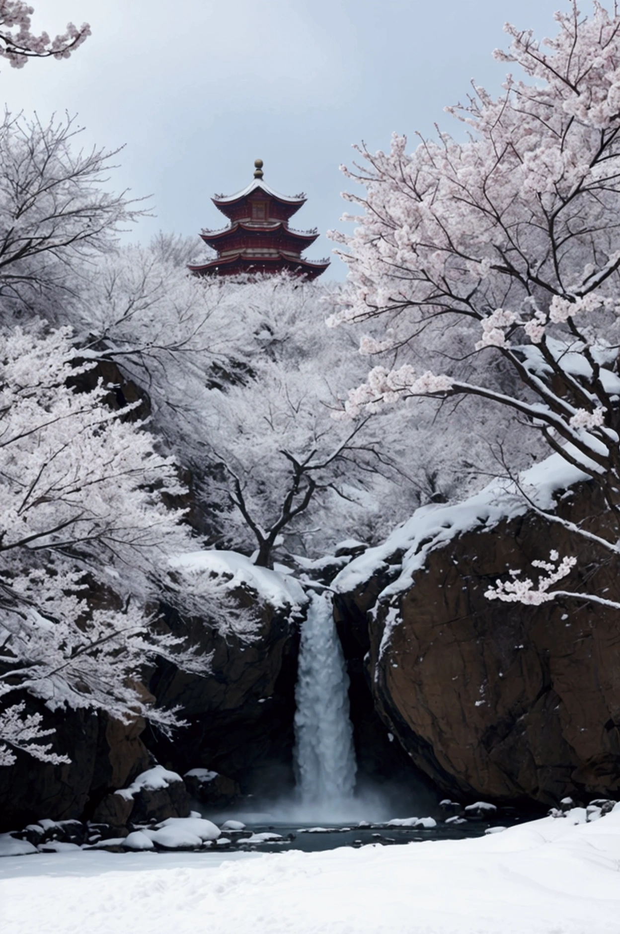(Blurred foreground:heavy snow:2.0,),(Plum blossom falls:1.6),,),(The middle of an elegant courtyard,Plum tree),(Bellows:1.5),(Wide Angle,Ultra HD细节,masterpiece, Ultra HD, Super Detail, High Detail, best quality, high resolution, Awards, 8K),(Chinese advanced color scheme,Movie Lighting)