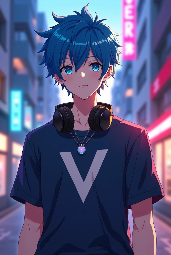 Handsome boy anime add headphone and blue hair shining add v locket add designed v t-shirt 18 year boy