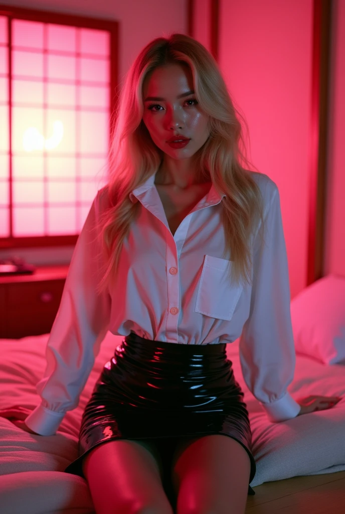 ((Japanese sexy idol))　28 talents　((Plump, bright red lips with lipstick))　round face　Heavy makeup　Big Breasts　Plump　Blonde　((Looking into the camera))　Sit with your legs apart　((White button-up shirt with black patent leather tight skirt and black stockings))　Skin and chest drenched in sweat　　(Sit on the futon with your legs spread open.)　look down　((A bedroom with shoji and tatami mats lit up in pink neon lights))　Shooting from a camera angle seen from the floor