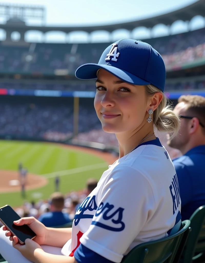(RAW photo, best quality, masterpiece: 1.2), (photorealistic: 1.4), best lighting, 20 years old, (light gray hair, short cut, hair over ear, Symmetrical eyes, fair skin, solo, Detailed Skin, Detailed Background:1.2), Front view, smiling, angle from field to spectator seating, sitting in the bleachers at a baseball stadium watching the game, holding an iPhone 15 Pro in one hand, lots of spectators, wearing a Los Angeles Dodgers baseball cap and a Los Angeles Dodgers uniform, large breasts, accessories, hair tied back, daytime, exposed to sunlight