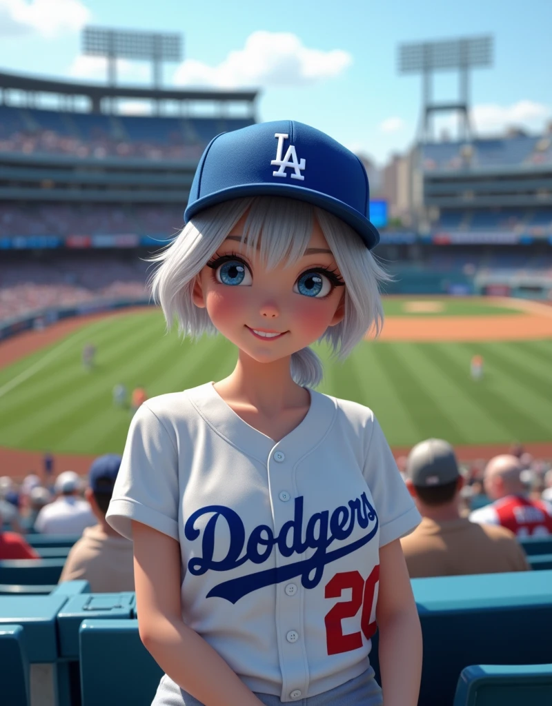 (RAW photo, best quality, masterpiece: 1.2), (photorealistic: 1.4), best lighting, 20 years old, (light gray hair, short cut, hair over ear, Symmetrical eyes, fair skin, solo, Detailed Skin, Detailed Background:1.2), Front view, smiling, angle from field to spectator seating, sitting in the bleachers at a baseball stadium watching the game, holding an iPhone 15 Pro in one hand, lots of spectators, wearing a Los Angeles Dodgers baseball cap and a Los Angeles Dodgers uniform, large breasts, accessories, hair tied back, daytime, exposed to sunlight