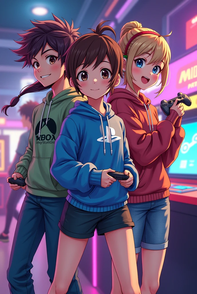 Une fille le logo PlayStation. I'm with a boy who wears the Xbox logo, a girl who wears the Nintendo logo, and a boy friend who wears the Steam logo, manga version.