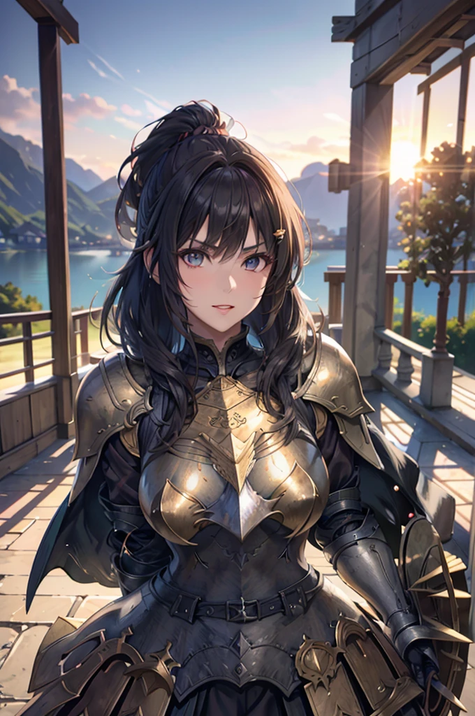 A beautiful girl in armor standing on a path near a lake, hxarmour, 1 girl, armour, (black armour:1.3), mountain, walking, big rounds breasts, intimidating look, glossy lips, dark brown hair, long bangs, long hair, ponytail, wavy hair, expressive hair, shiny hair, hairclip, glowing eyes, pupils sparkling, earrings, fangs, serious, red lips, aqua eyes, high detail, anime, Carl Larsson, anime style, depth of field, cinematic lighting, dithering, image fill, wide shot, perspective, panorama, Wide-Angle, f/1.8, 85mm, Nikon, UHD, retina, masterpiece, accurate, anatomically correct, textured skin, high details, best quality, highres, 16k