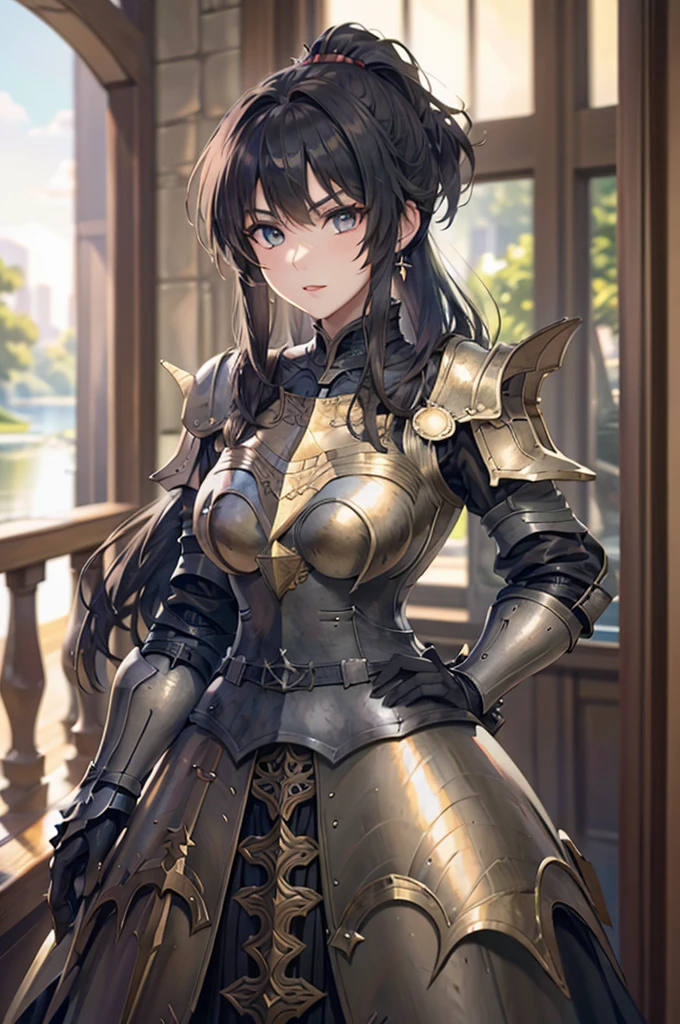 A beautiful girl in armor standing on a path near a lake, hxarmour, 1 girl, armour, (black armour:1.3), mountain, walking, big rounds breasts, intimidating look, glossy lips, dark brown hair, long bangs, long hair, ponytail, wavy hair, expressive hair, shiny hair, hairclip, glowing eyes, pupils sparkling, earrings, fangs, serious, red lips, aqua eyes, high detail, anime, Carl Larsson, anime style, depth of field, cinematic lighting, dithering, image fill, wide shot, perspective, panorama, Wide-Angle, f/1.8, 85mm, Nikon, UHD, retina, masterpiece, accurate, anatomically correct, textured skin, high details, best quality, highres, 16k