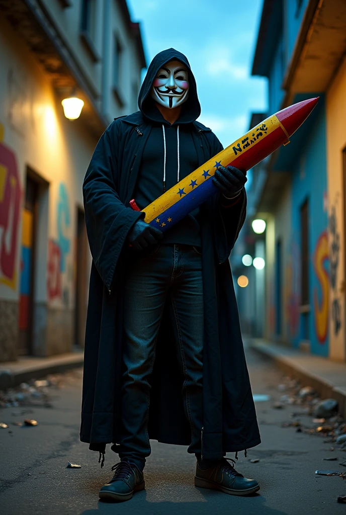 Man with an Anonymous mask and rocket launcher painted with Venezuela 