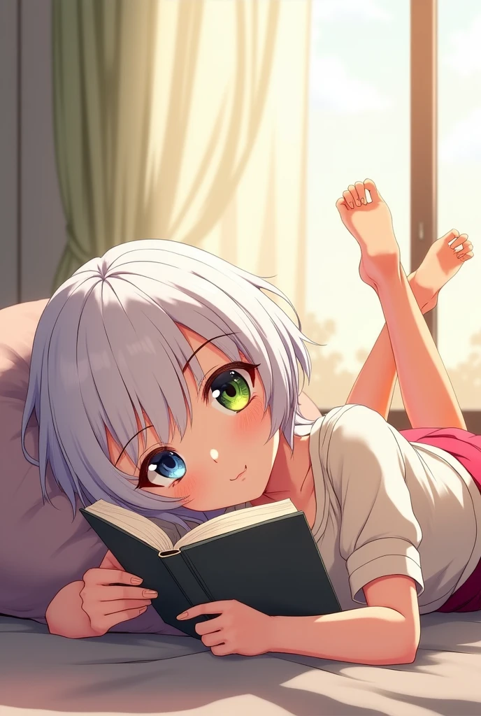 anime style, young adult woman, with one blue eye and one green eye, short white hair.
The woman is lying on the floor looking up..
Her legs are raised and resting on the wall., creating a horizontal angle with your body.
He is holding a book with both hands, which is reading in a relaxed manner.
The camera is positioned to the side,, allowing it to capture both your relaxed posture and the characteristics of the environment, including the wall where your legs are resting and the windows that let in natural light..
