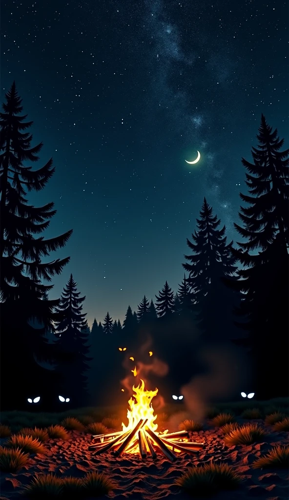 generate a starry sky with the moon in a corner, Below I want a small campfire, and behind that campfire I want some trees, I want you to generate black shadows with shining eyes, Let the darkness be vast, and the firelight be a dying home