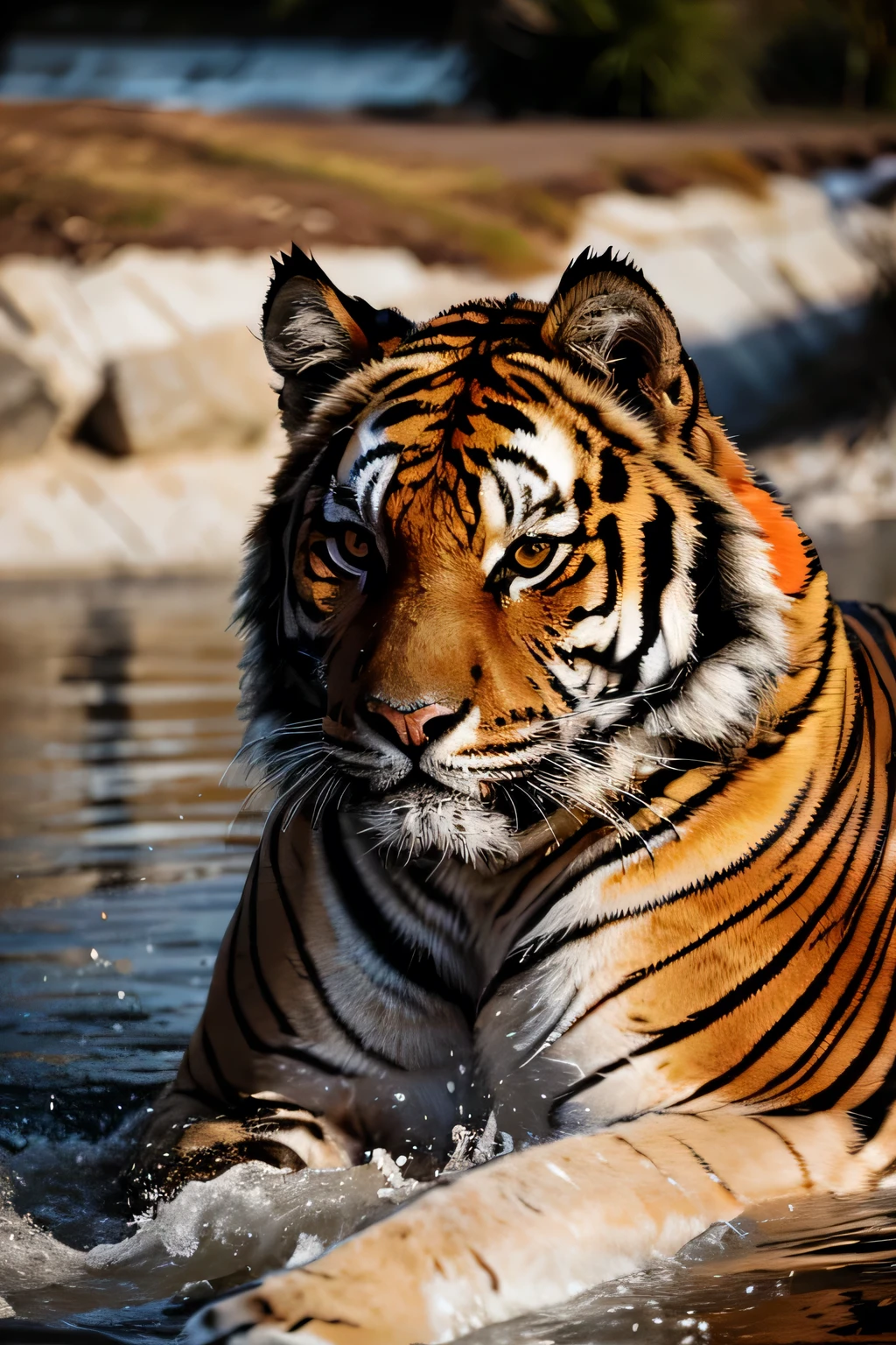 A male bengal tiger, wonderful coat mottled with his traditional colors, ranging from orange to black and white. It comes out of a river. Show its white sharp teeth frighten anyone who looks at it. Beautiful animal.
Realistic, RAW photo, 4k realistic