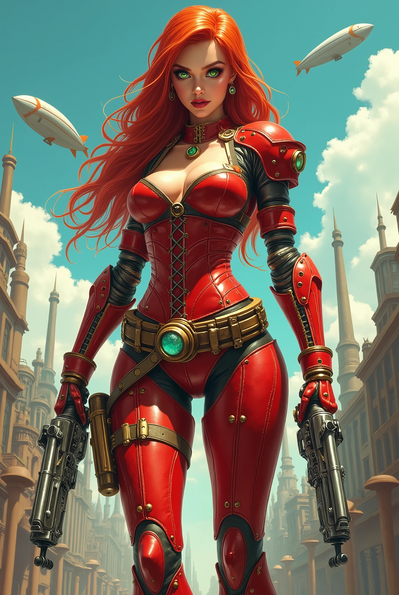 A striking cyborg hybrid! In a steampunk cityscape, viewed from the side, a girl with long, bright red hair and green eyes stands in an action pose. She's adorned with intricate mechanical arms and legs, prosthesis gleaming under the clear blue sky. A stunning red corset accentuates her figure, as she grips two steampunk handguns in holsters attached to a harness. The cityscape stretches into the distance, with steampunk aircraft soaring overhead. In the foreground, a detailed background reveals rusty pipes and steam vents, adding depth to this dynamic scene.