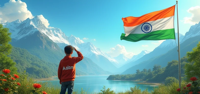 On the right side, a large Indian flag waves proudly, with a boy standing and saluting it. His back is to the viewer, and on the back of his jacket, the name 'Aalam' is clearly written. On the left side, a serene landscape with mountains and a flowing river completes the scene, creating a patriotic and picturesque 3D environment