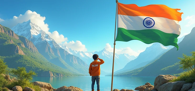 On the right side, a large Indian flag waves proudly, with a boy standing and saluting it. His back is to the viewer, and on the back of his jacket, the name 'Aalam' is clearly written. On the left side, a serene landscape with mountains and a flowing river completes the scene, creating a patriotic and picturesque 3D environment