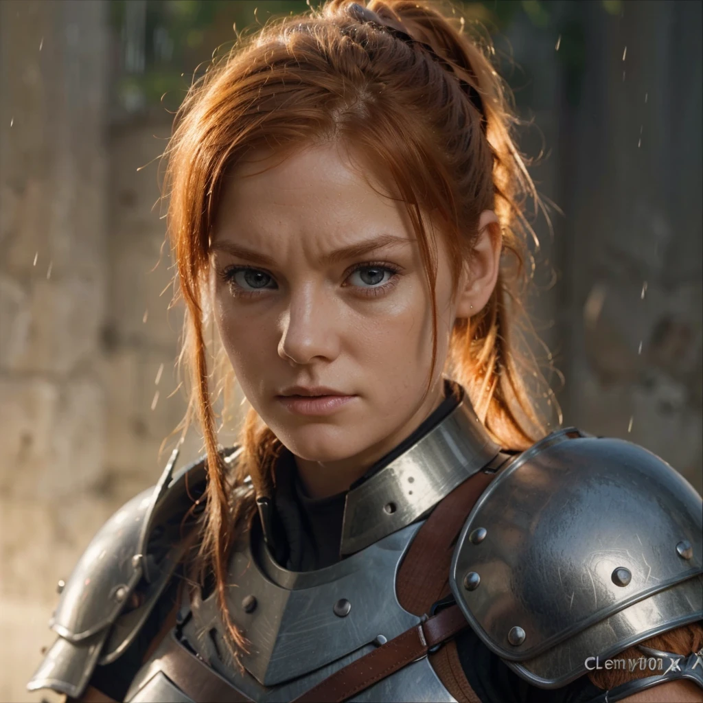 8k, high detail, photo, DSLR, short focal length, girl, ginger hair, ponytail, high detail eyes, angry, knight armour, light attenuation, rain, blood on face, cut, bleeding, battle damaged armour, wet.