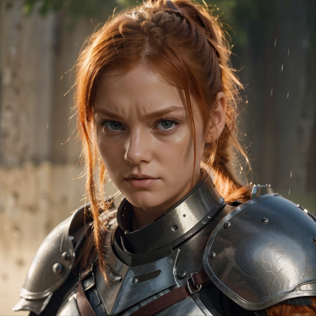 8k, high detail, photo, DSLR, short focal length, girl, ginger hair, ponytail, high detail eyes, angry, knight armour, light attenuation, rain