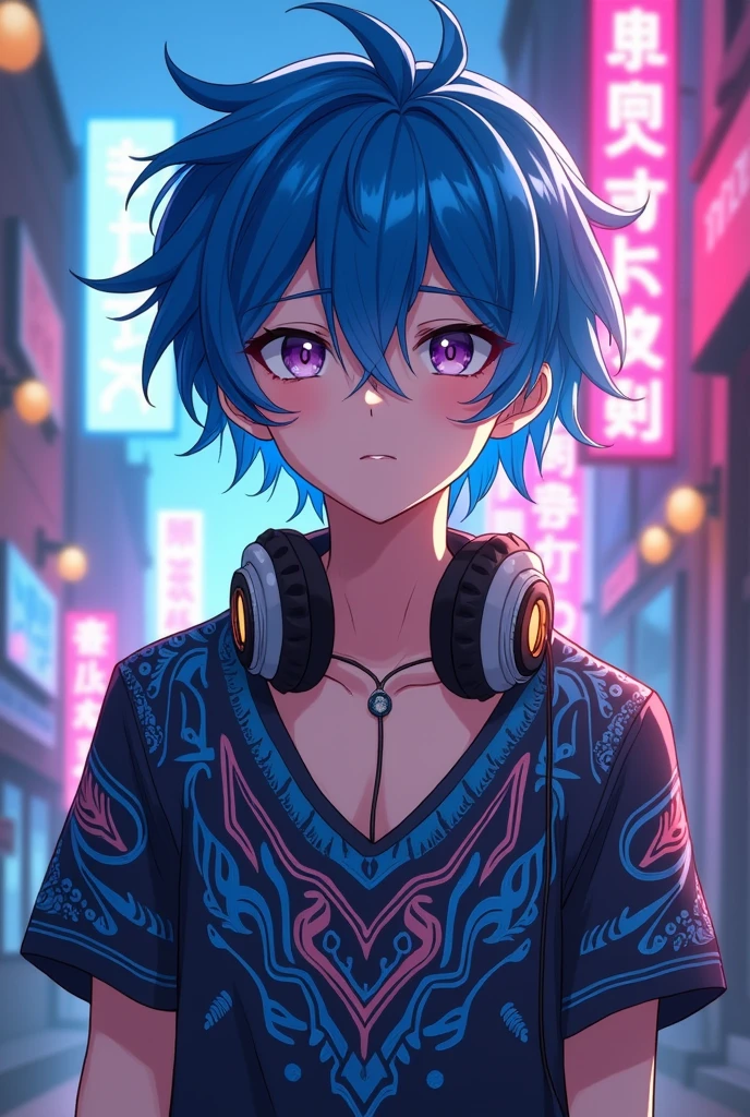 Handsome boy anime add headphone and blue hair shining add v locket add designed v t-shirt 186year boy