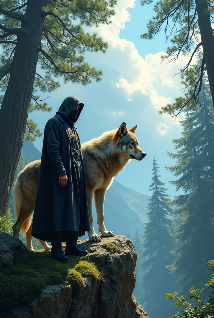 A wolf standing on the rock with the side of man also standing on rock looking towards the sky ,the man wearing black Mask looking downward and hide face with Coat cap that come from head,
at shirt name is Shan with white color background is forest with long trees and blue sky, make more realistic