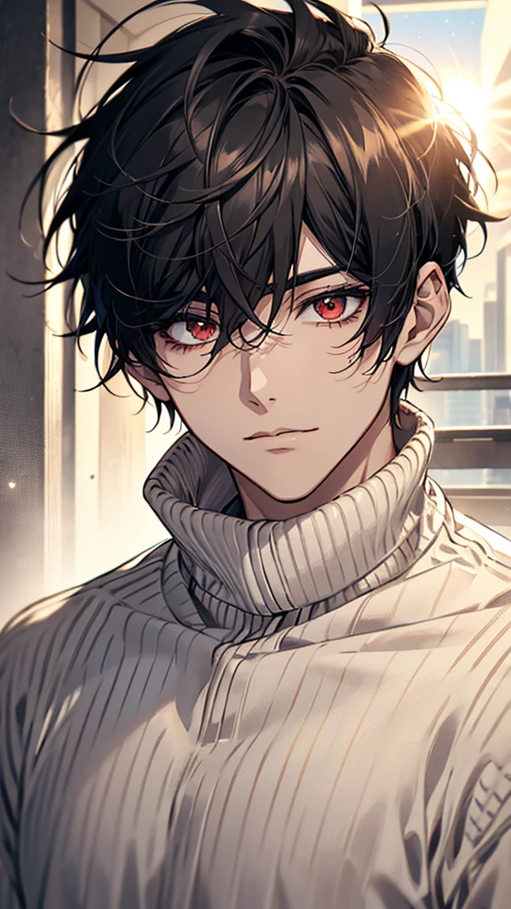 One, male, man, white soft sweater, red eyes, direct facial treatment, Short black disheveled messy hair length, color of light and gradient black stripes, sun light, warm light, anime style