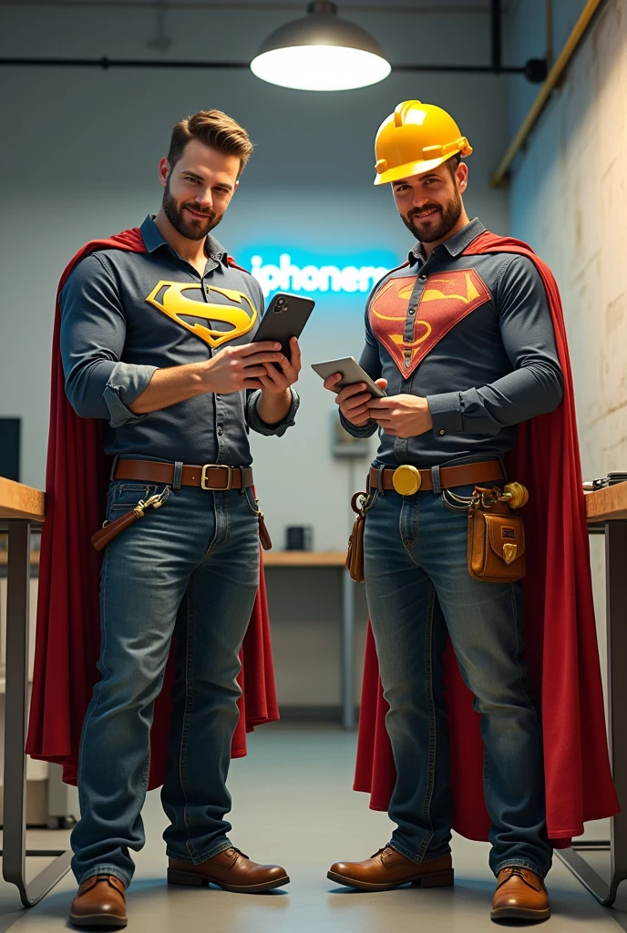 (Realistic), (photorealism) A realistic scene of two superhero-themed repairmen standing in a modern repair shop. One is an iPhone repairman dressed in a superhero outfit with a cape made of phone cables, holding a giant, realistic-looking screwdriver in one hand and a perfectly repaired glowing iPhone in the other. Beside him is a gypsum plasterboard craftsman dressed in a construction superhero outfit made of plasterboard pieces, holding a large, realistic plastering trowel. He is proudly standing next to a perfectly smooth plasterboard wall. The scene is lighthearted but grounded in reality, with the company name 'iphoners' clearly displayed on a sign in the background. The tools and environment are realistic, though exaggerated in a playful way.