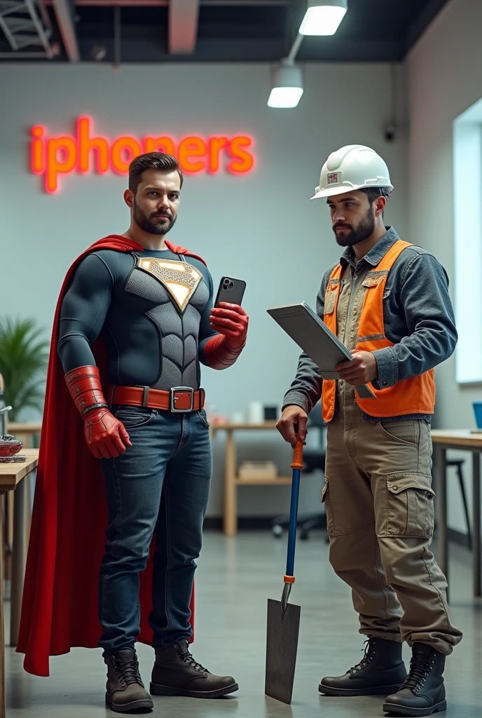 (Realistic), (photorealism) A realistic scene of two superhero-themed repairmen standing in a modern repair shop. One is an iPhone repairman dressed in a superhero outfit with a cape made of phone cables, holding a giant, realistic-looking screwdriver in one hand and a perfectly repaired glowing iPhone in the other. Beside him is a gypsum plasterboard craftsman dressed in a construction superhero outfit made of plasterboard pieces, holding a large, realistic plastering trowel. He is proudly standing next to a perfectly smooth plasterboard wall. The scene is lighthearted but grounded in reality, with the company name 'iphoners' clearly displayed on a sign in the background. The tools and environment are realistic, though exaggerated in a playful way.